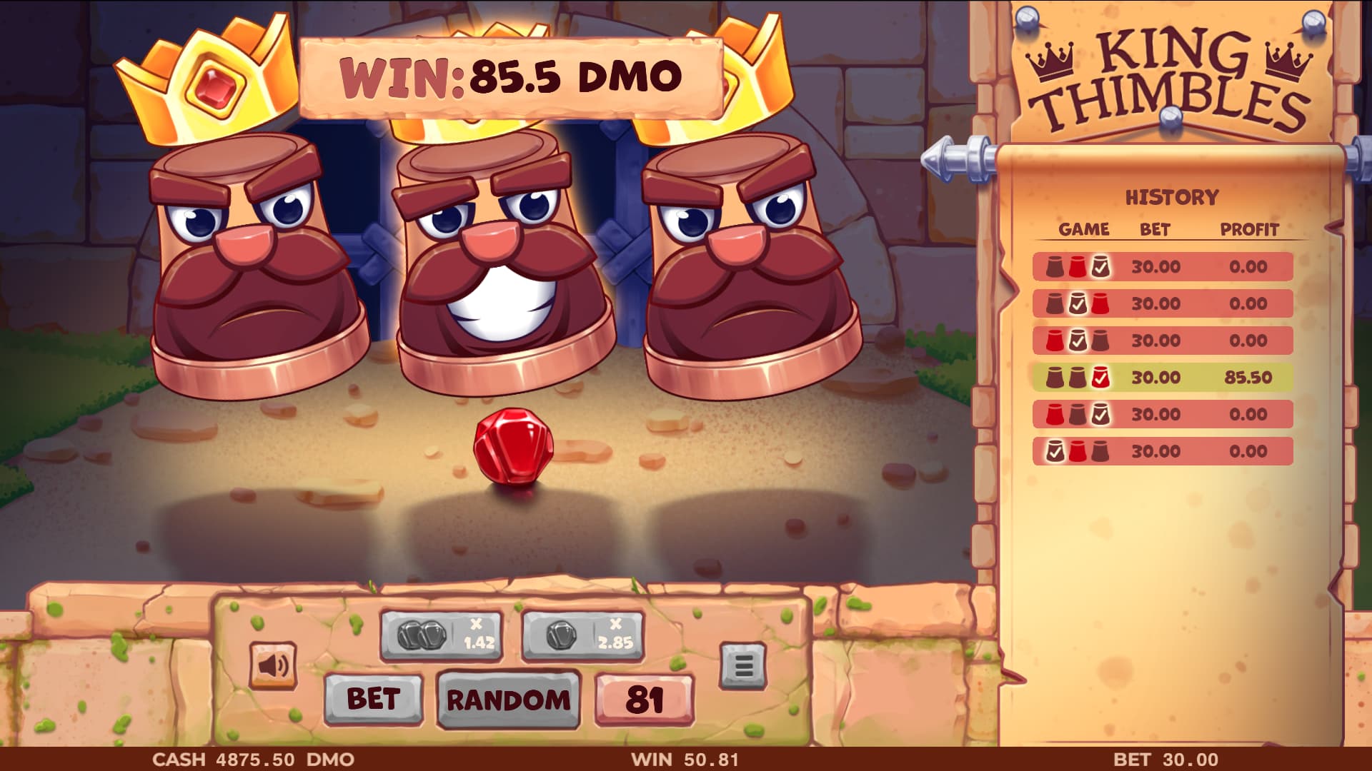 King Thimbles reveal screen showing the hidden ruby jewel